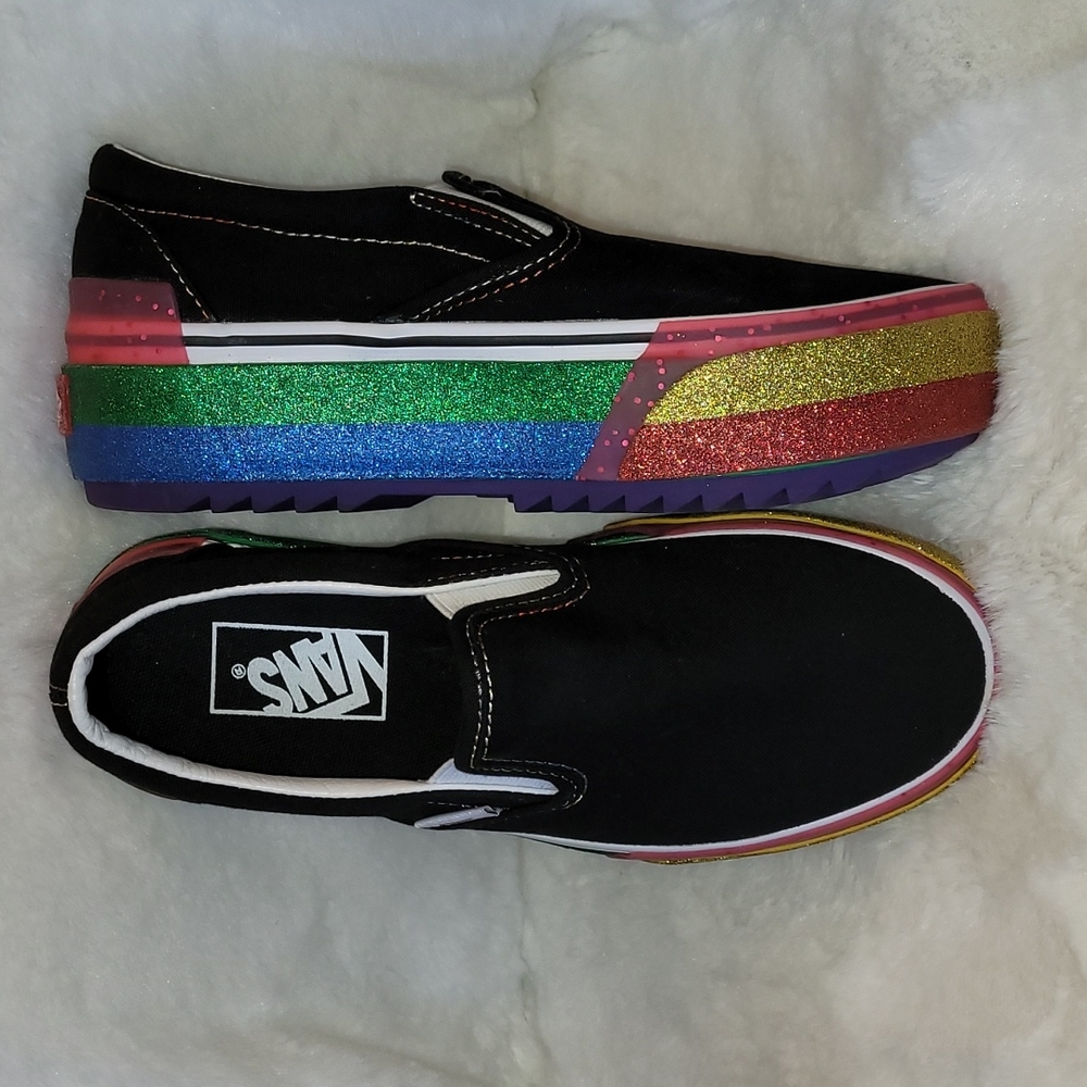 Van's Black & Rainbow Glitter Stacked Platform Slip On LGBTQ Gay Pride Slides